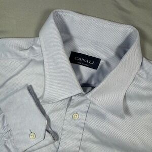 Canali Mens 17 43 Light Blue Micro Stripe Dress Shirt Made in Italy Luxury